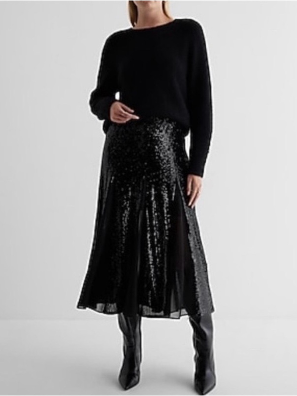 Express Black Sequin Midi Skirt with Flared Panels